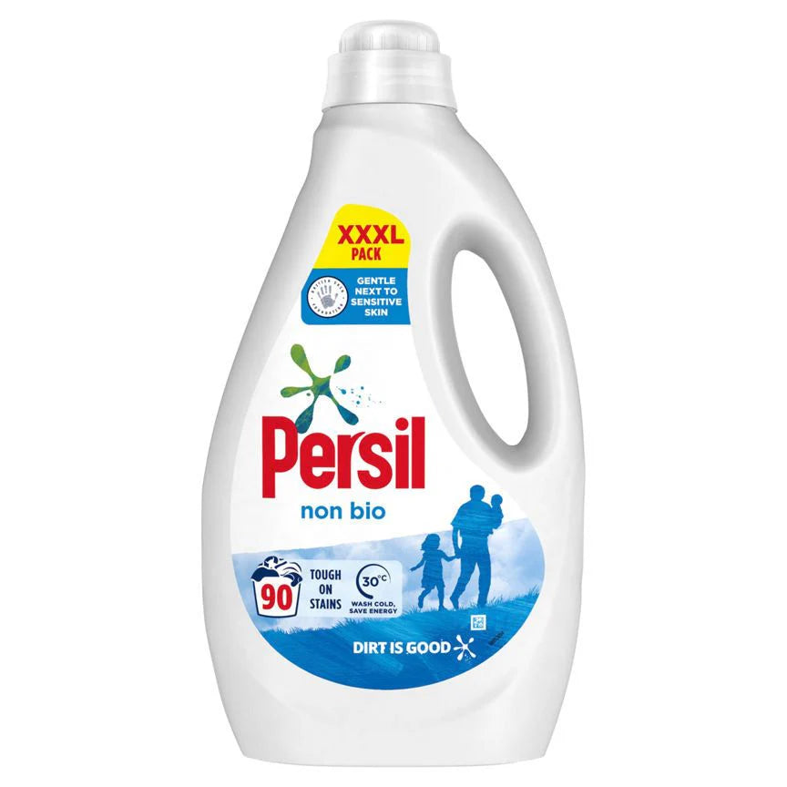 Persil Original Non Bio Liquid 5L – laundry detergent bottle with usage information.