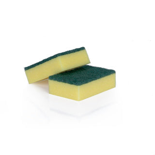 Heavy-duty sponge scourer, 6"x4", featuring a green scrubbing pad and yellow base.