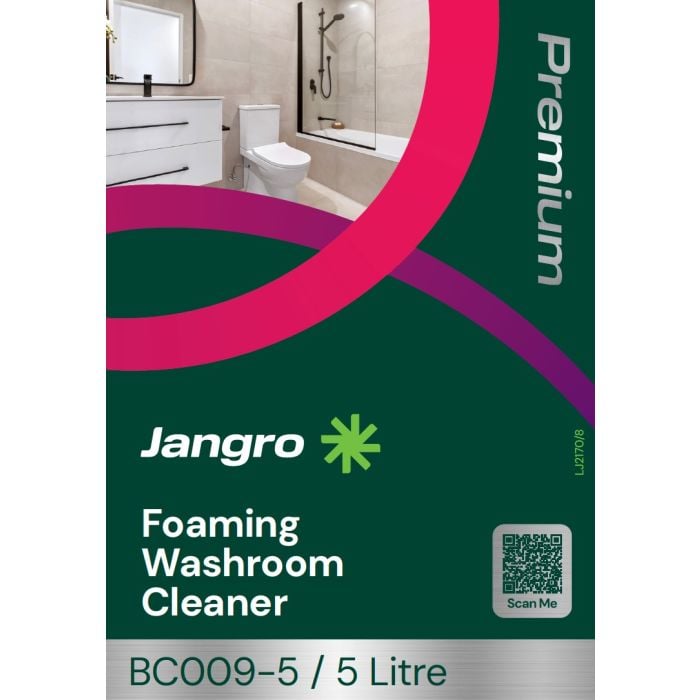 Jangro Premium Foaming Washroom Cleaner 5L – product packaging with cleaning instructions.