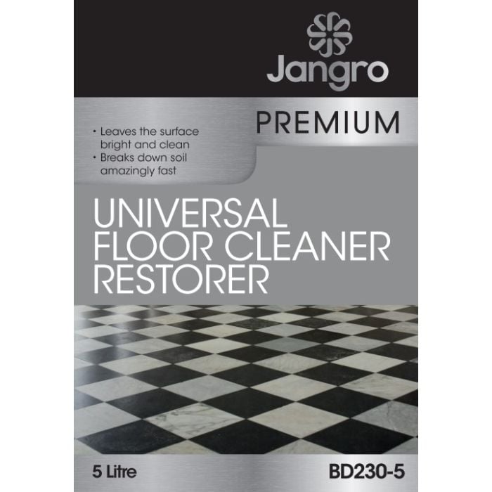 Jangro Premium Universal Floor Cleaner Restorer 5L – product packaging with cleaning instructions.
