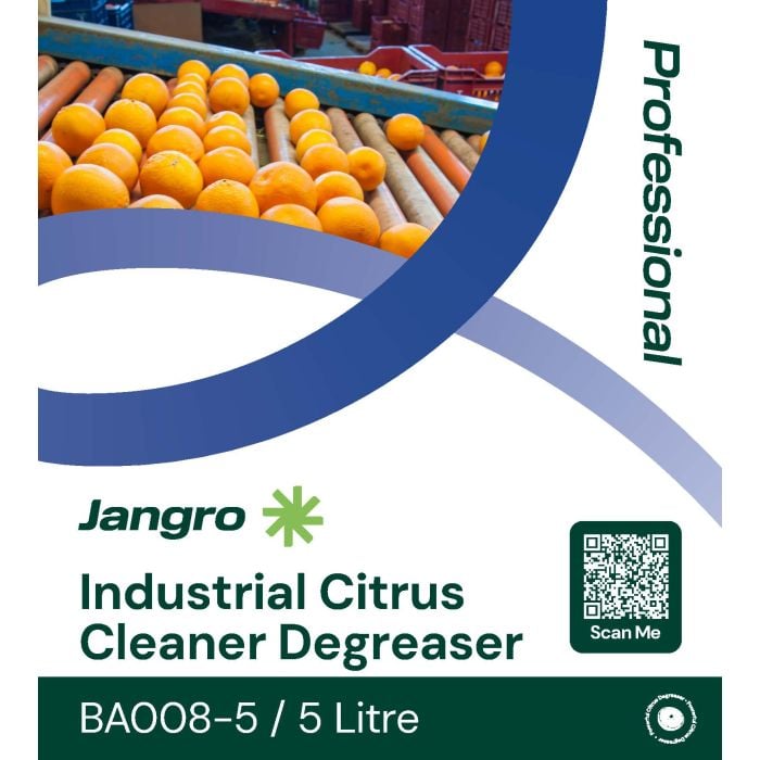 Jangro Industrial Citrus Cleaner Degreaser 5L packaging with product details and QR code.
