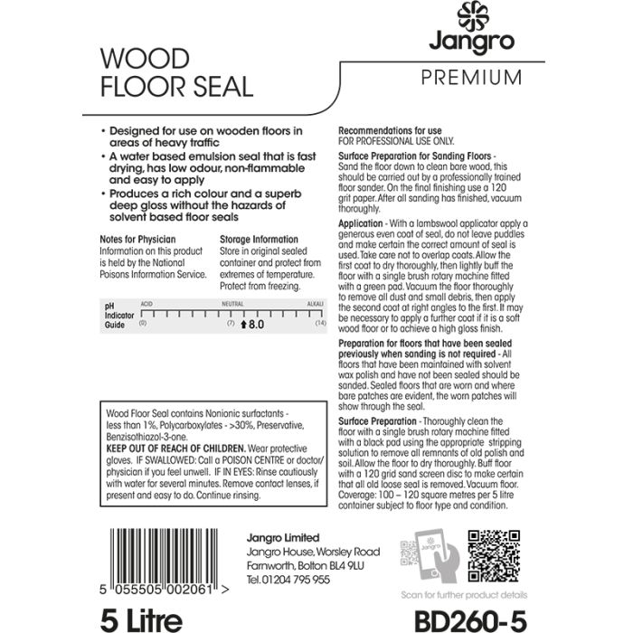 Jangro Premium Wood Floor Seal 5L – usage instructions and safety information label.