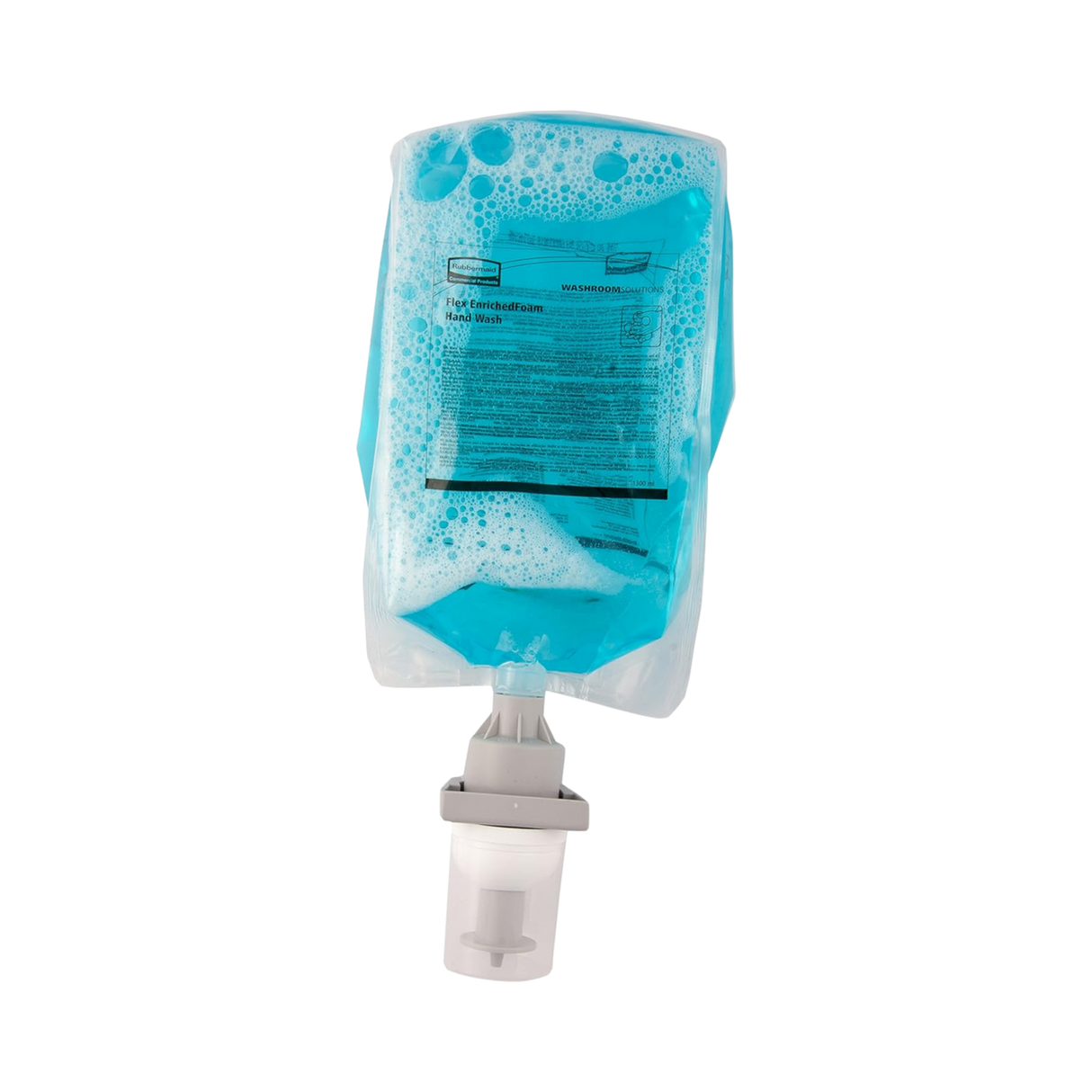 Rubbermaid Enriched Foam Hand Wash refill pouch with blue liquid and foamy texture.