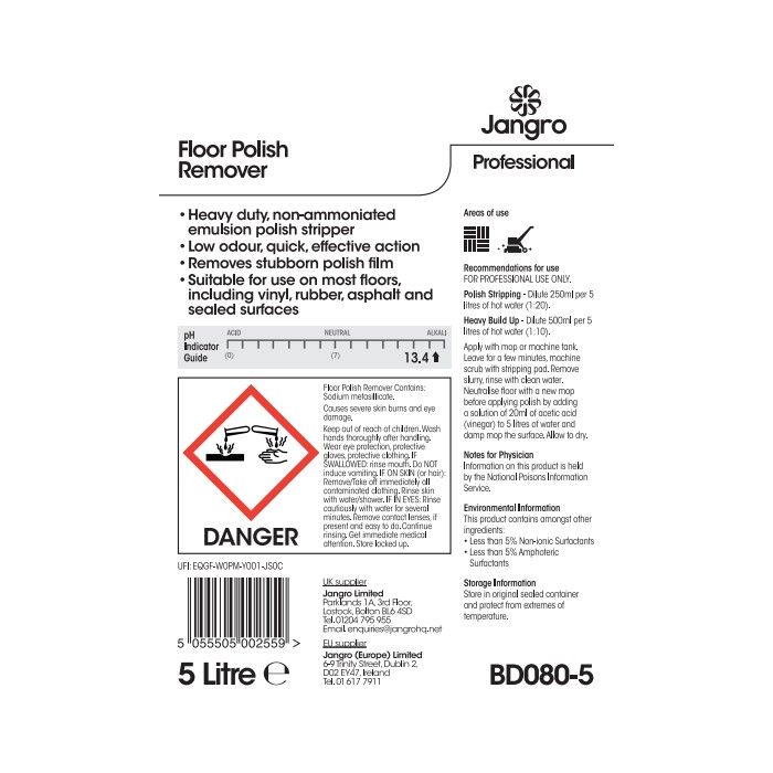 Jangro Floor Polish Remover – safety and usage instructions on a 5L container.