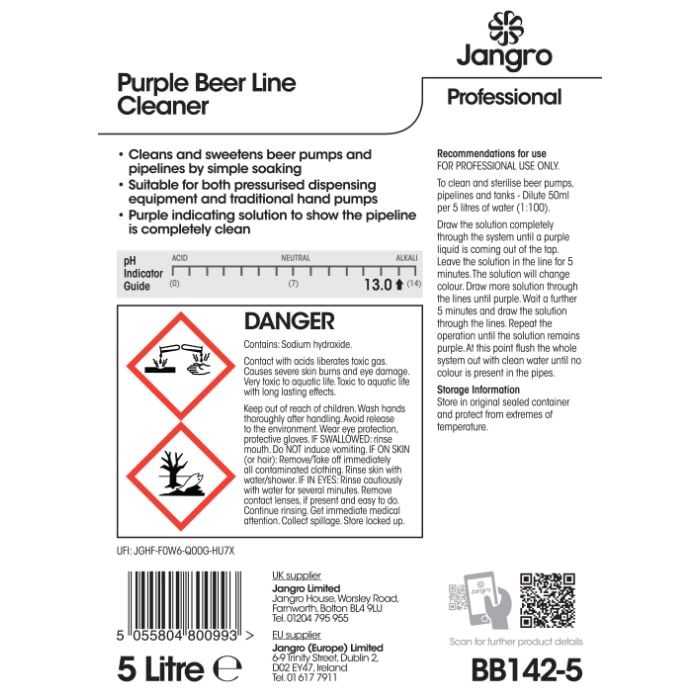 Jangro Beer Pipeline Cleaner 5L – safety and usage instructions label.