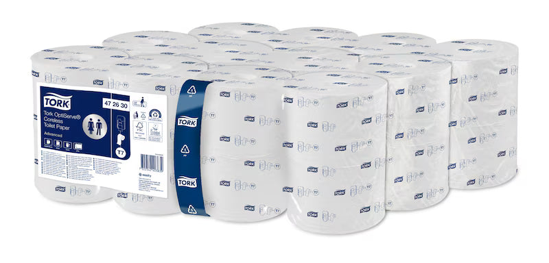 Tork OptiServe Coreless Toilet Roll packaging – 24 rolls, 820 sheets each.