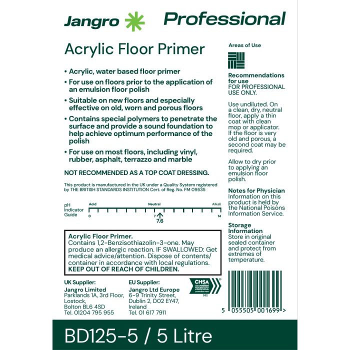 Jangro Acrylic Floor Primer 5L – product information and usage instructions label.