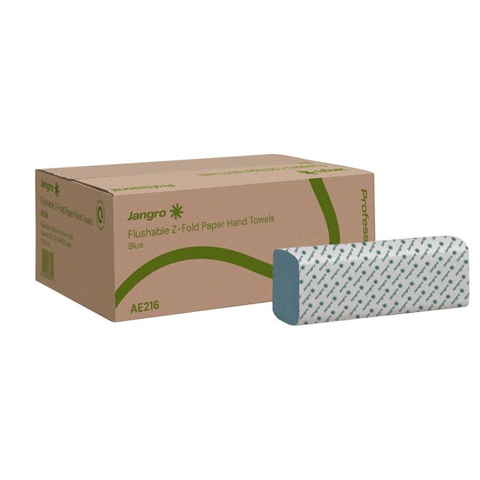 Jangro Professional Flushable Z Fold Hand Towel – packaging box with hand towels.
