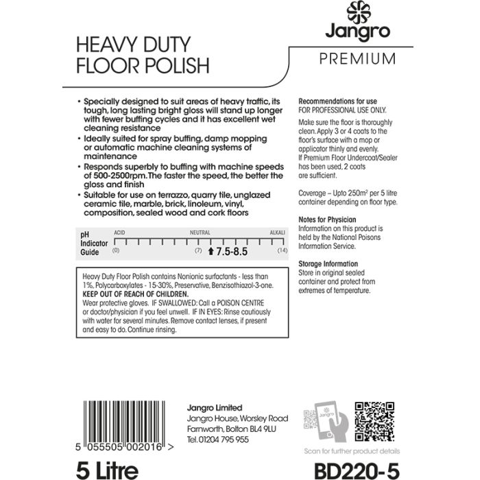 Jangro Premium Heavy Duty Floor Polish 5L – usage instructions and safety information label.