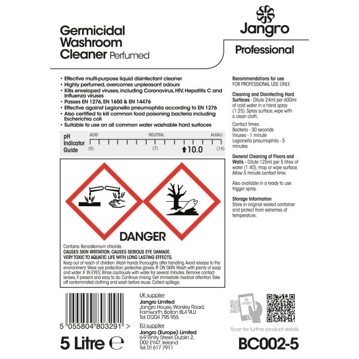 Jangro Germicidal Washroom Cleaner – safety and usage instructions label for professional use.