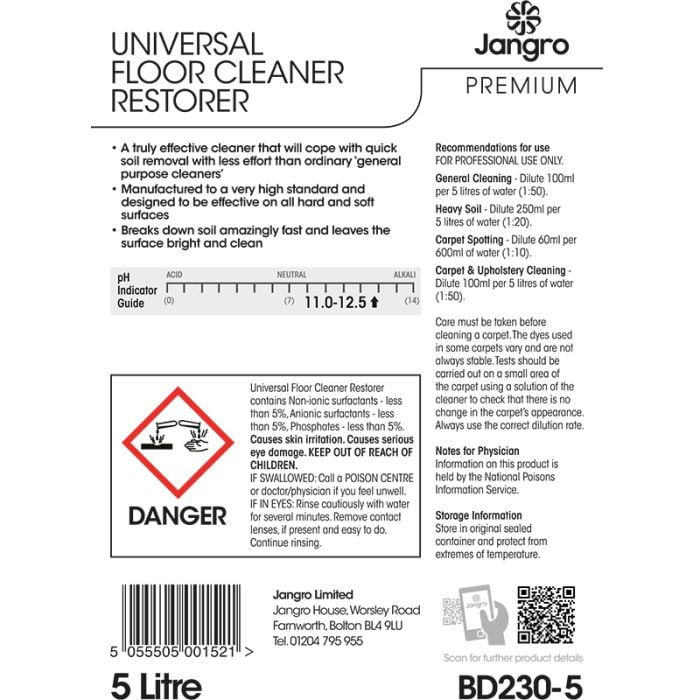 Jangro Premium Universal Floor Cleaner Restorer – safety and usage instructions label.