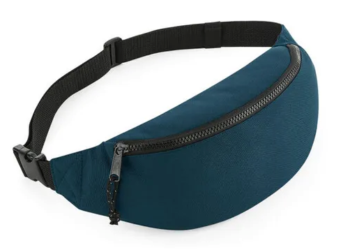 BagBase Recycled Belt Bag in Petrol color, featuring a zippered compartment and adjustable strap.