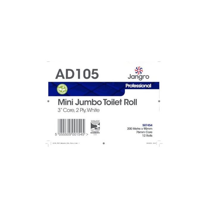Jangro Premium Mini Jumbo Toilet Roll packaging – 200M, 3" core, 2 ply.