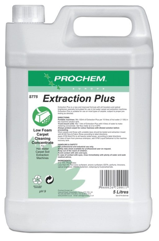 Prochem Extraction Plus 5L – carpet cleaning concentrate with usage instructions and safety information.