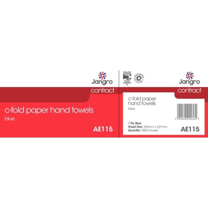 Packaging for Jangro C-Fold Paper Hand Towels, 1 Ply Blue, 2850 sheets.