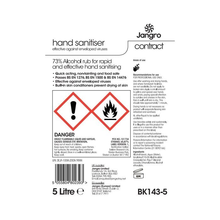 Jangro Contract Hand Sanitiser 73% Alcohol – safety and usage information label.