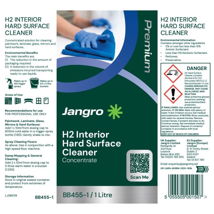 Jangro H2 Interior Hard Surface Cleaner – product label with usage instructions and safety information.