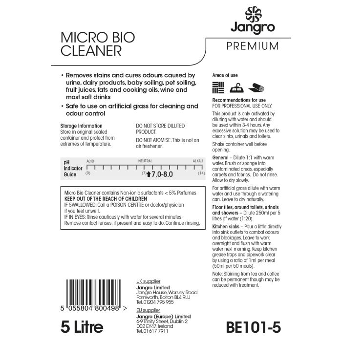 Premium Micro Bio Cleaner 5L – usage instructions and safety information label.