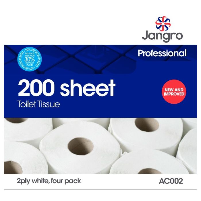 Jangro Toilet Roll 2 Ply 200 Sheets 4 Pack packaging design.