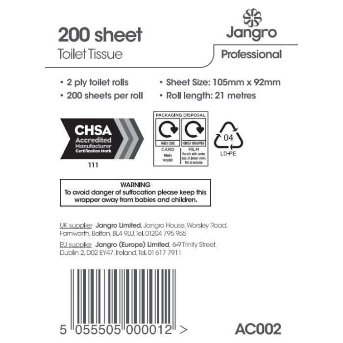 Jangro Toilet Roll 2 Ply 200 Sheets – product information and safety warning label.