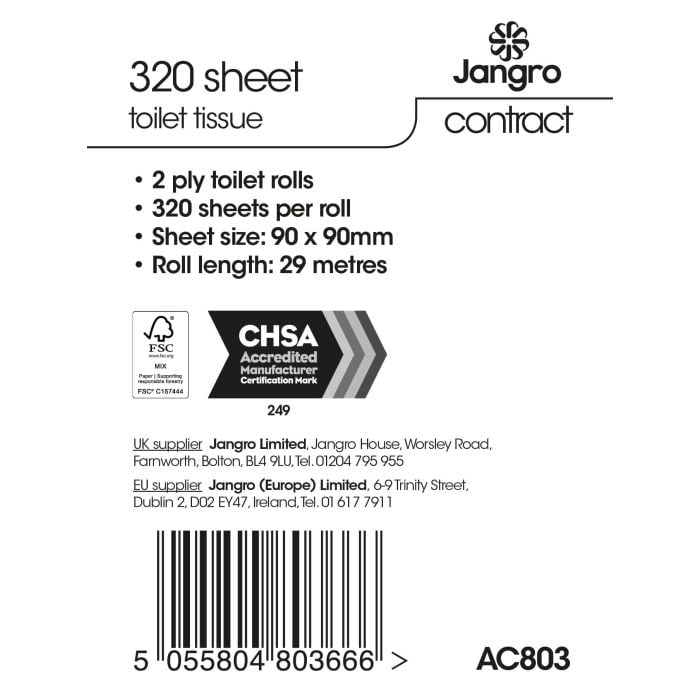 Jangro Contract Toilet Roll – product details and specifications label.