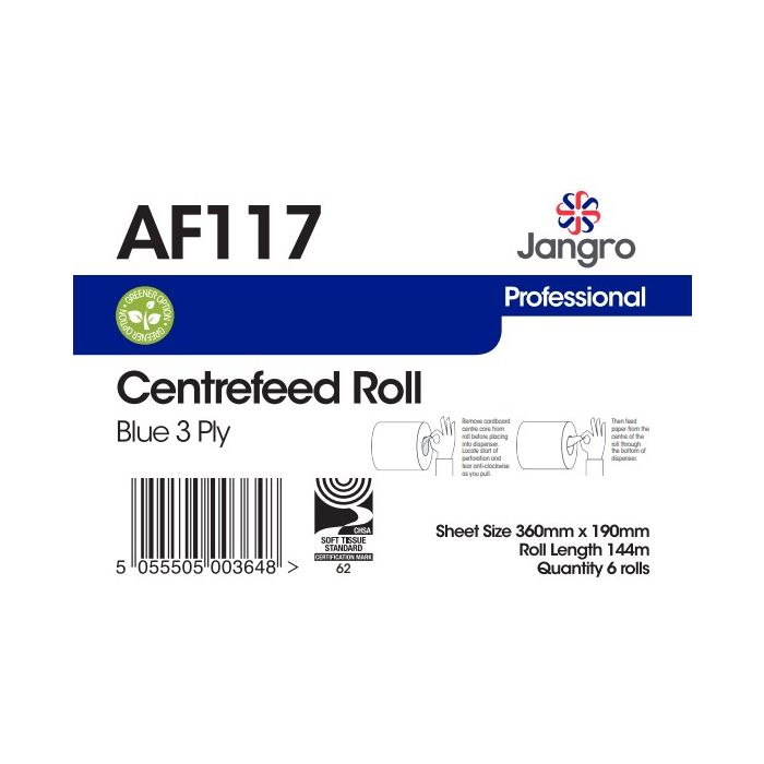 Jangro Centrefeed Roll 150M Blue 3 Ply – packaging with product details and barcode.