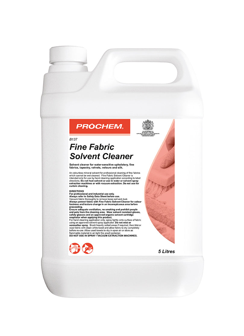Prochem Fine Fabric Solvent Cleaner 5L – professional cleaner for delicate fabrics with usage instructions.