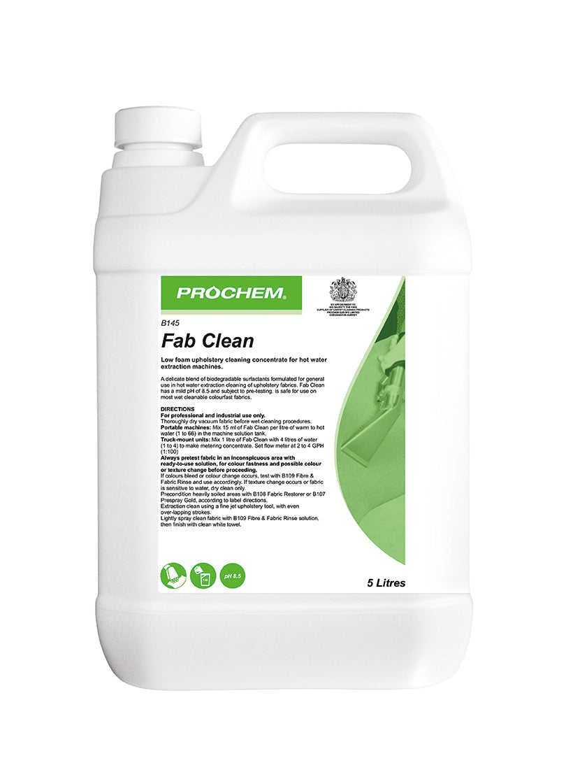 Prochem Fab Clean Upholstery Cleaner 5L – cleaning concentrate for hot water extraction machines.
