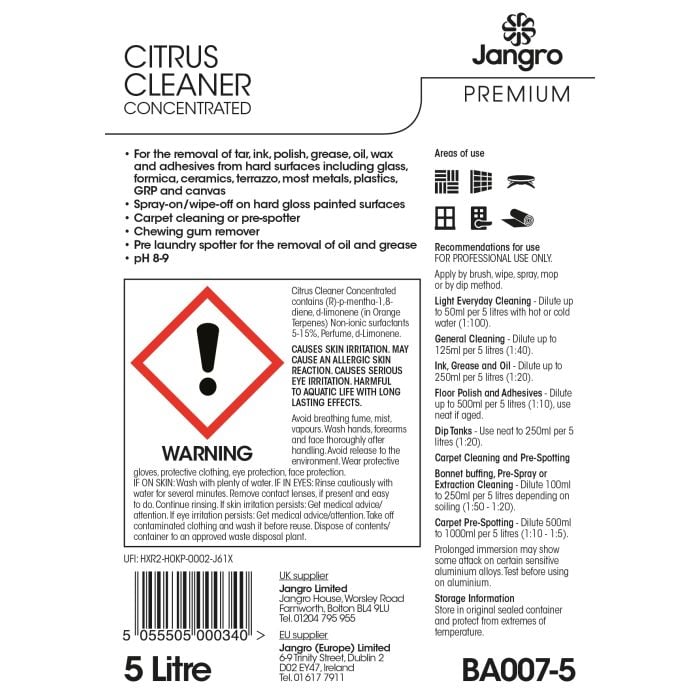 Jangro Premium Citrus Cleaner 5L - Multi-Purpose Degreaser | BA007-5