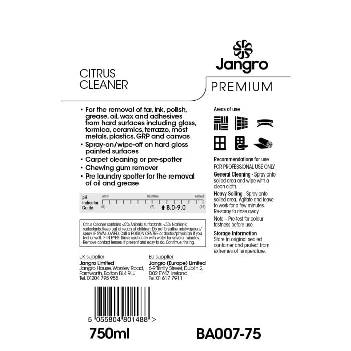 Jangro Premium Citrus Cleaner 750ml - BA007-75 | Multi-Surface Degreaser