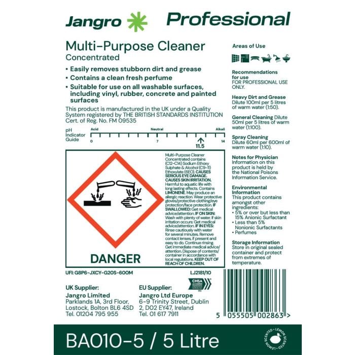 Jangro Multi Purpose Cleaner 5L - Concentrated Citrus Degreaser | BA010-5