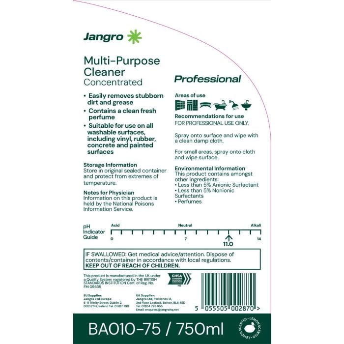 Jangro Multi Purpose Cleaner 750ml - Citrus Fresh Surface Cleaner | BA010-75
