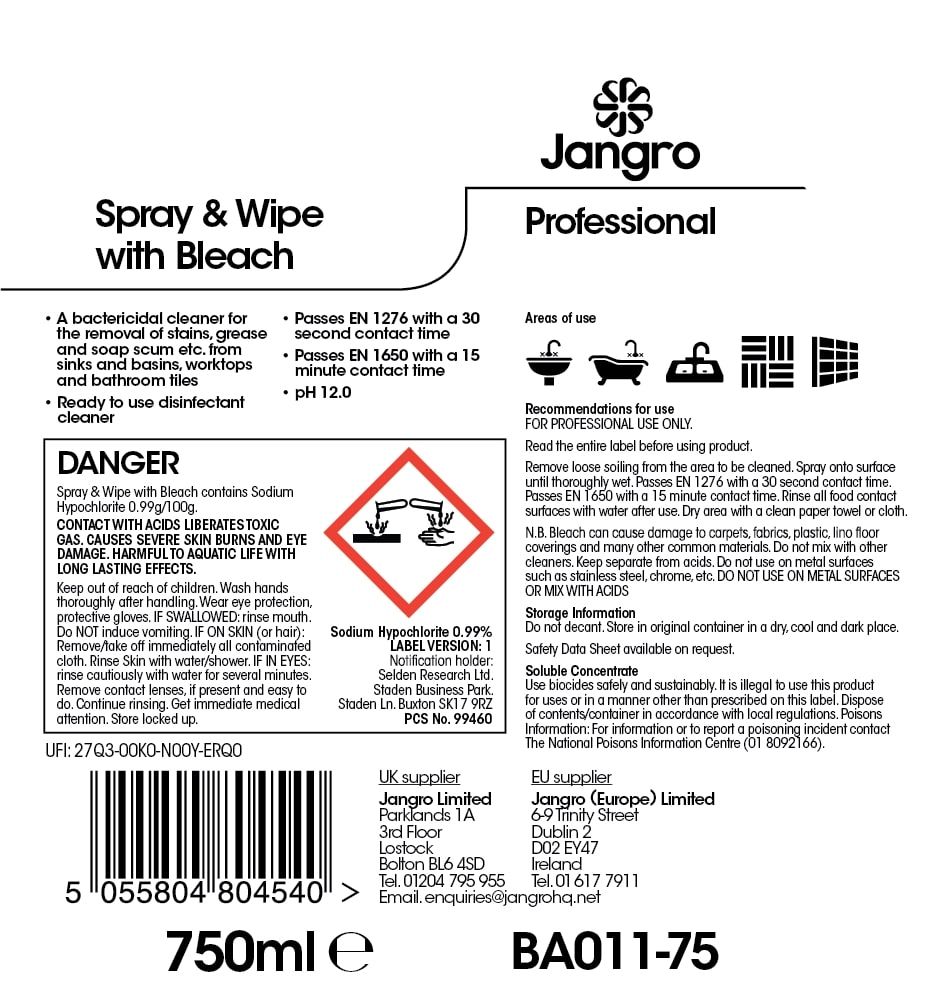 Jangro Spray & Wipe with Bleach 750ml - Bactericidal Cleaner | BA011-75