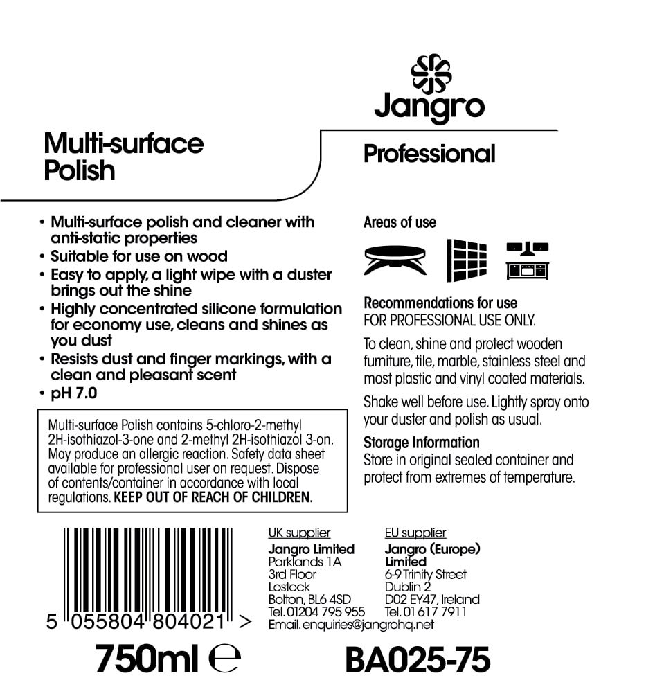 Jangro Multi Surface Polish 750ml (BA025-75) | Anti-Static Cleaner & Shine Spray