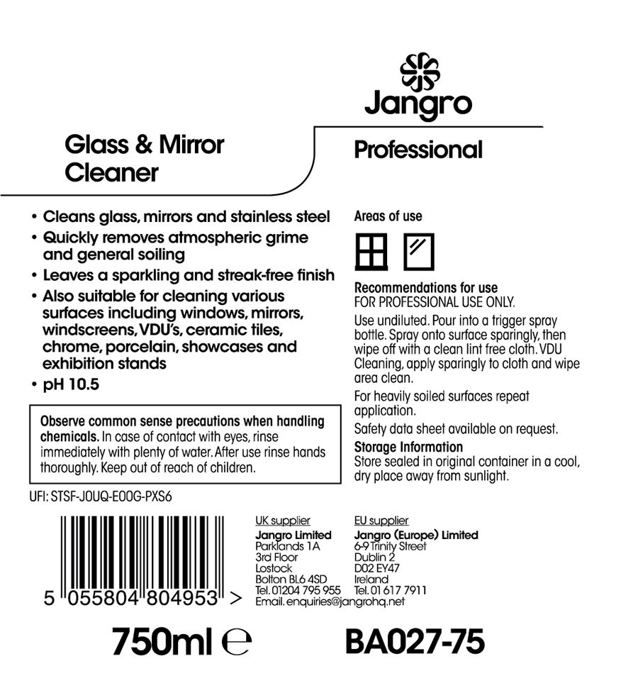 Jangro Glass & Mirror Cleaner 750ml - Streak-Free Shine | BA027-75