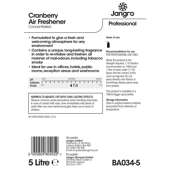 Jangro Cranberry Air Freshener Concentrate 5L - BA034-5 | Powerful Odour Control