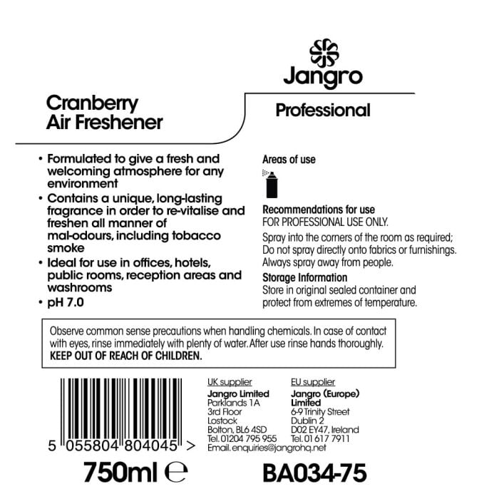Jangro Cranberry Air Freshener 750ml - BA034-75 | Long-Lasting Odour Control
