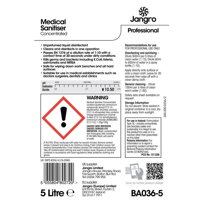 Jangro Medical Sanitiser 5L - BA036-5 | High-Level Surface Disinfectant