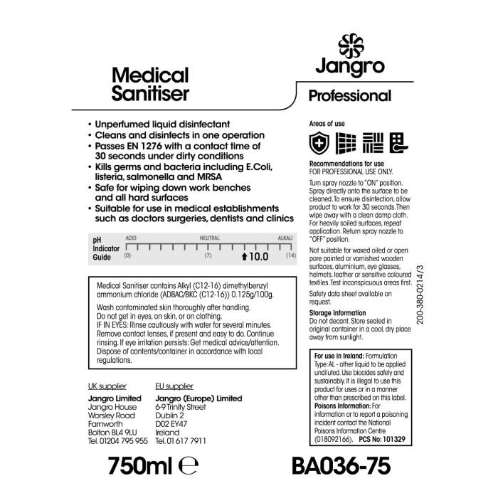 Jangro Medical Sanitiser 750ml – BA036-75 | High-Level Surface Disinfectant