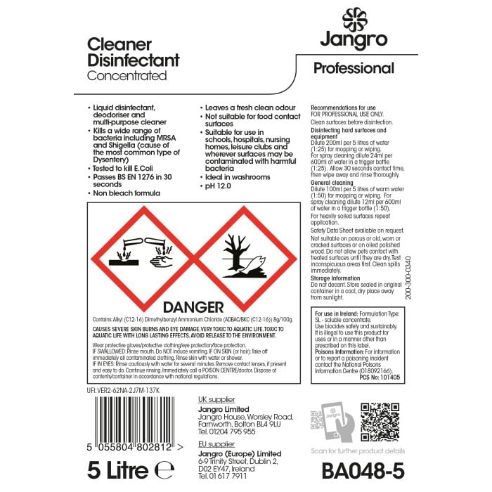 Jangro Cleaner Disinfectant 5L - Non-Bleach Multi-Surface Sanitiser | BA048-5