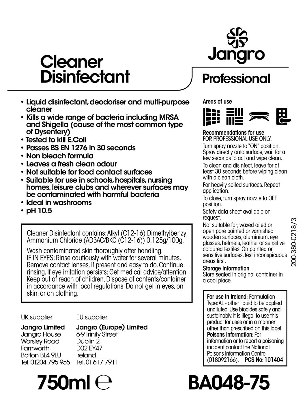 Jangro Cleaner Disinfectant 750ml - Non-Bleach Multi-Surface Sanitiser | BA048-75