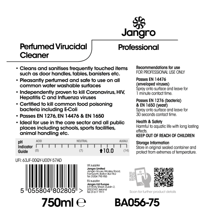 Jangro Perfumed Virucidal Cleaner 750ml - BA056-75 | Disinfectant Spray (6 Pack)