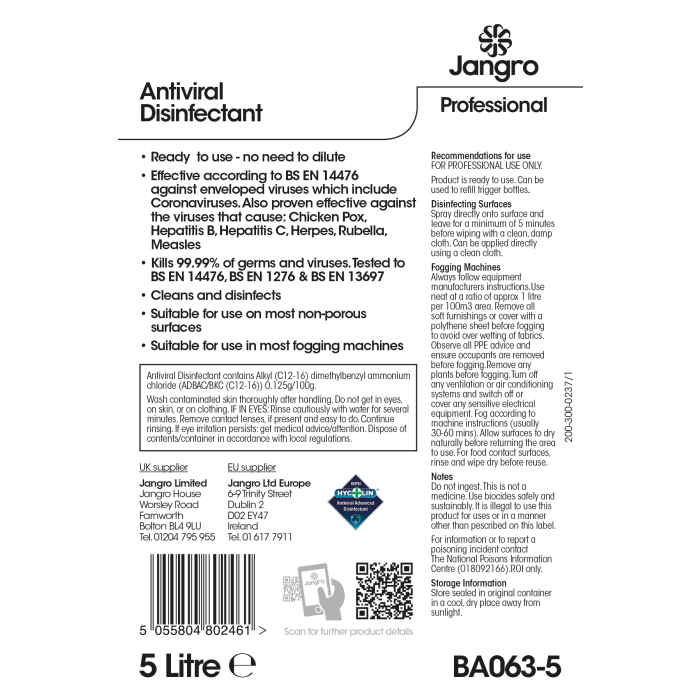 Jangro Antiviral Disinfectant 5L - Ready to Use | Kills 99.99% of Germs | BA063-5