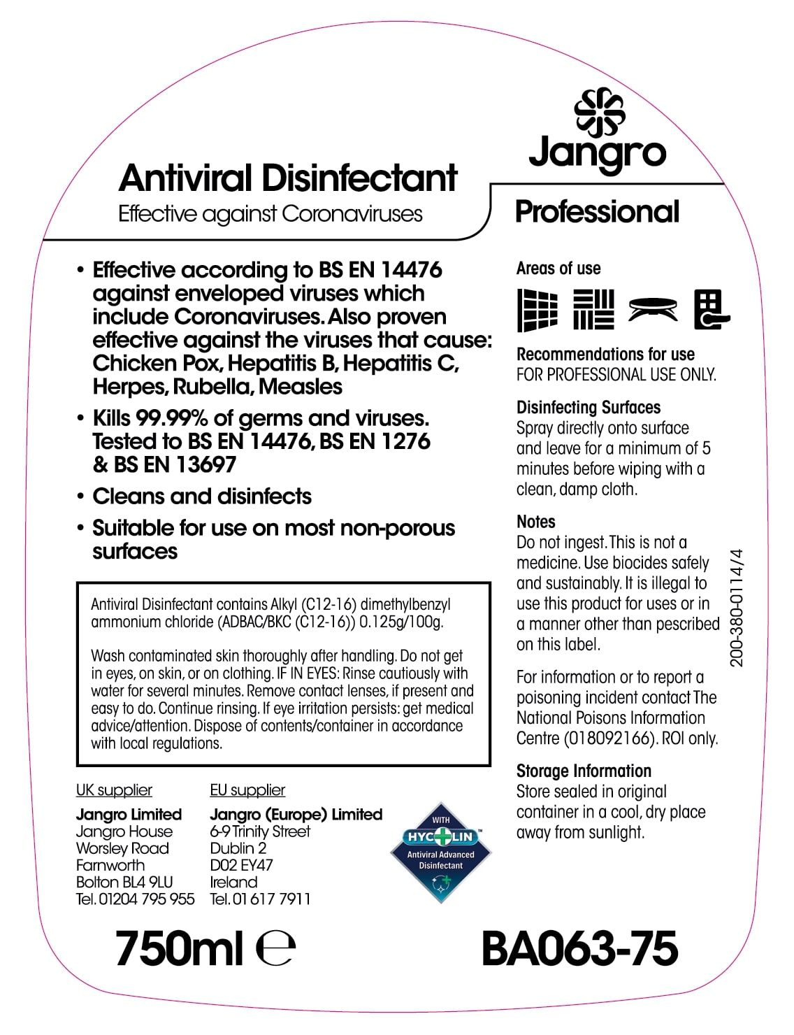 Jangro Antiviral Disinfectant 750ml - Dual Brand | Kills 99.99% of Germs | BA063-75