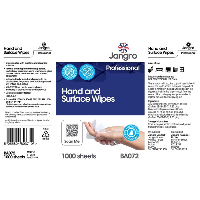 Jangro Hand & Surface Wipes 1000pk – BA072 | Bulk Antibacterial Wipes Tub