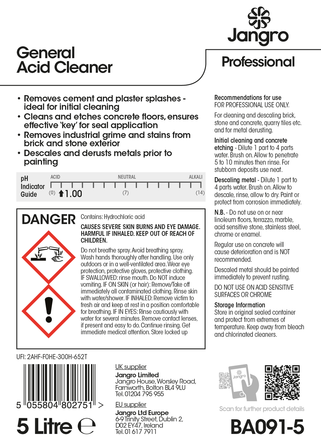 Jangro General Acid Cleaner 5L - BA091-5 | Heavy-Duty Descaler & Cleaner