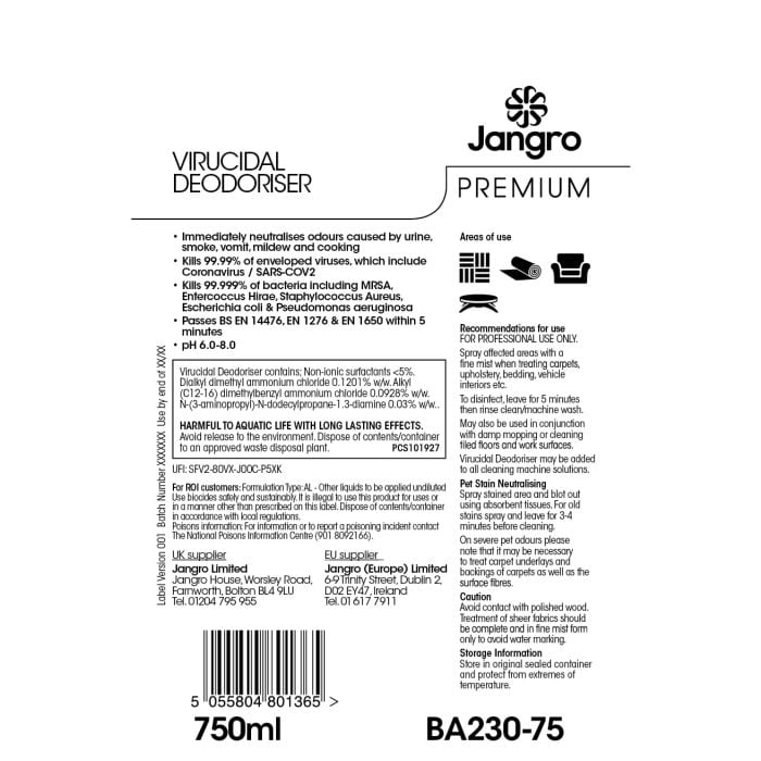 Jangro Premium Virucidal Deodoriser 750ml – product label with usage instructions and ingredients.