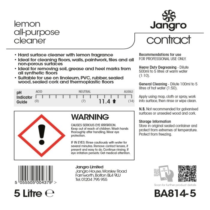 Jangro Contract Lemon All Purpose Cleaner 5L – BA814-5 | Multi-Surface Cleaning