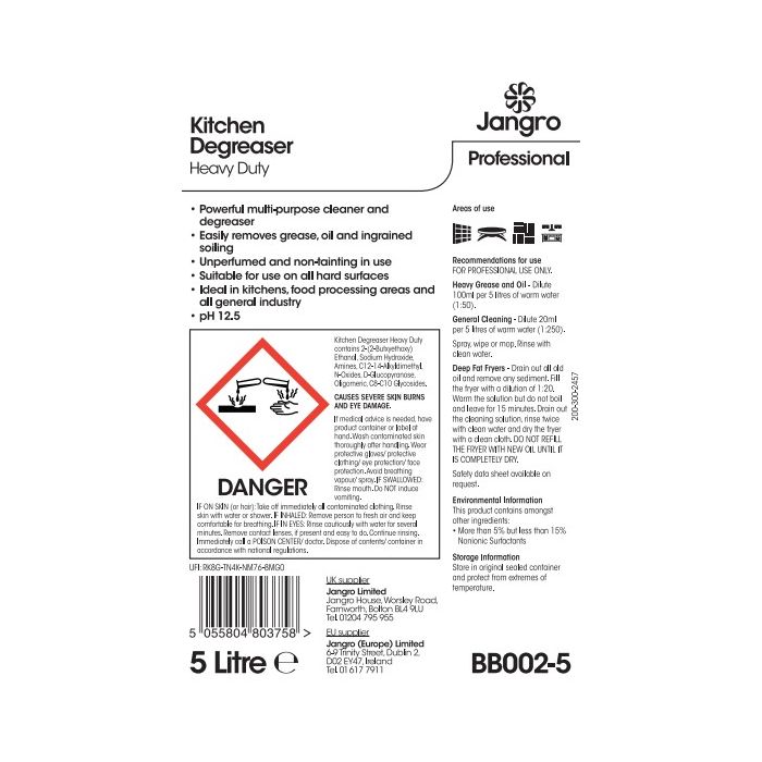 Jangro Professional Kitchen Degreaser Heavy Duty 5 Litres - BB002-5 | Commercial Grease Remover