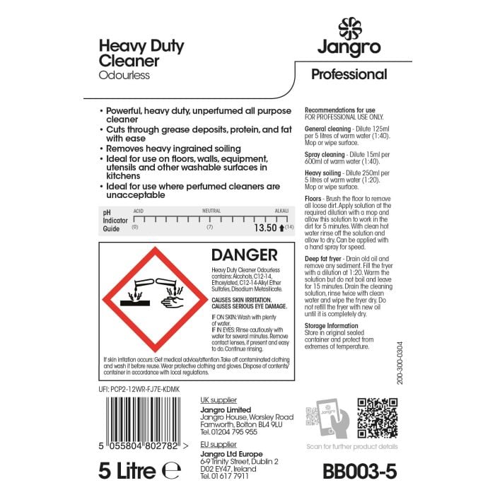 Jangro Heavy Duty Cleaner Odourless 5L - BB003-5 | Powerful Degreaser for Hard Surfaces